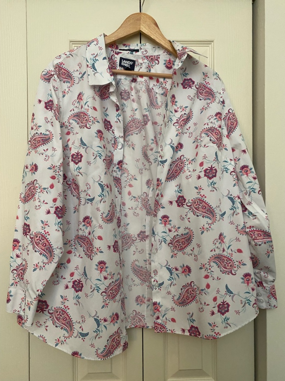 Lands' End White Paisley Floral Button-Up Blouse
